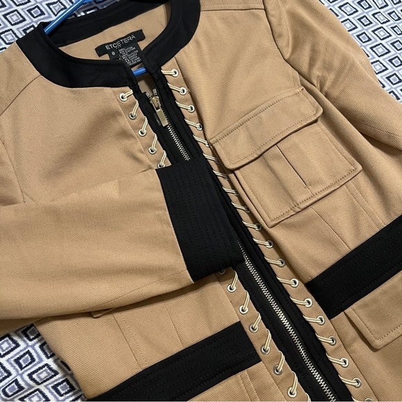 Etcetera Suit Jacket Size 8 Beige Black Dress Casual Cotton Zipper Front EUC - Picture 13 of 14